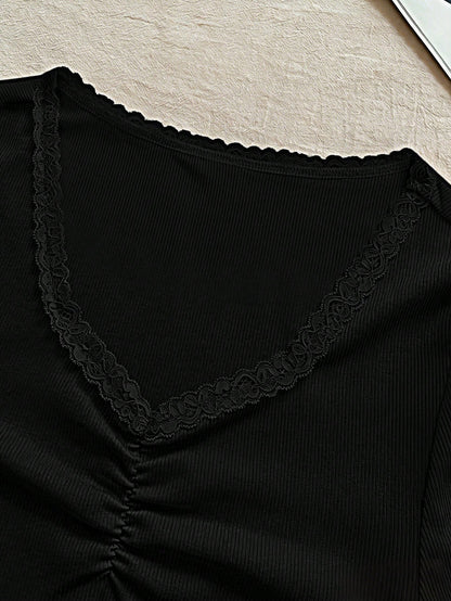 INAWLY Women's Fashion Casual Elegant Cute Striped Lace Patchwork Long Sleeve T-Shirt