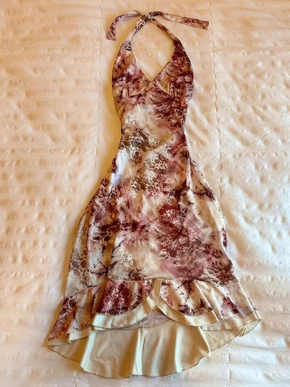 INAWLY Women's Floral Print Ruffle Hem Halter Neck Dress