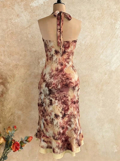 INAWLY Women's Floral Print Ruffle Hem Halter Neck Dress