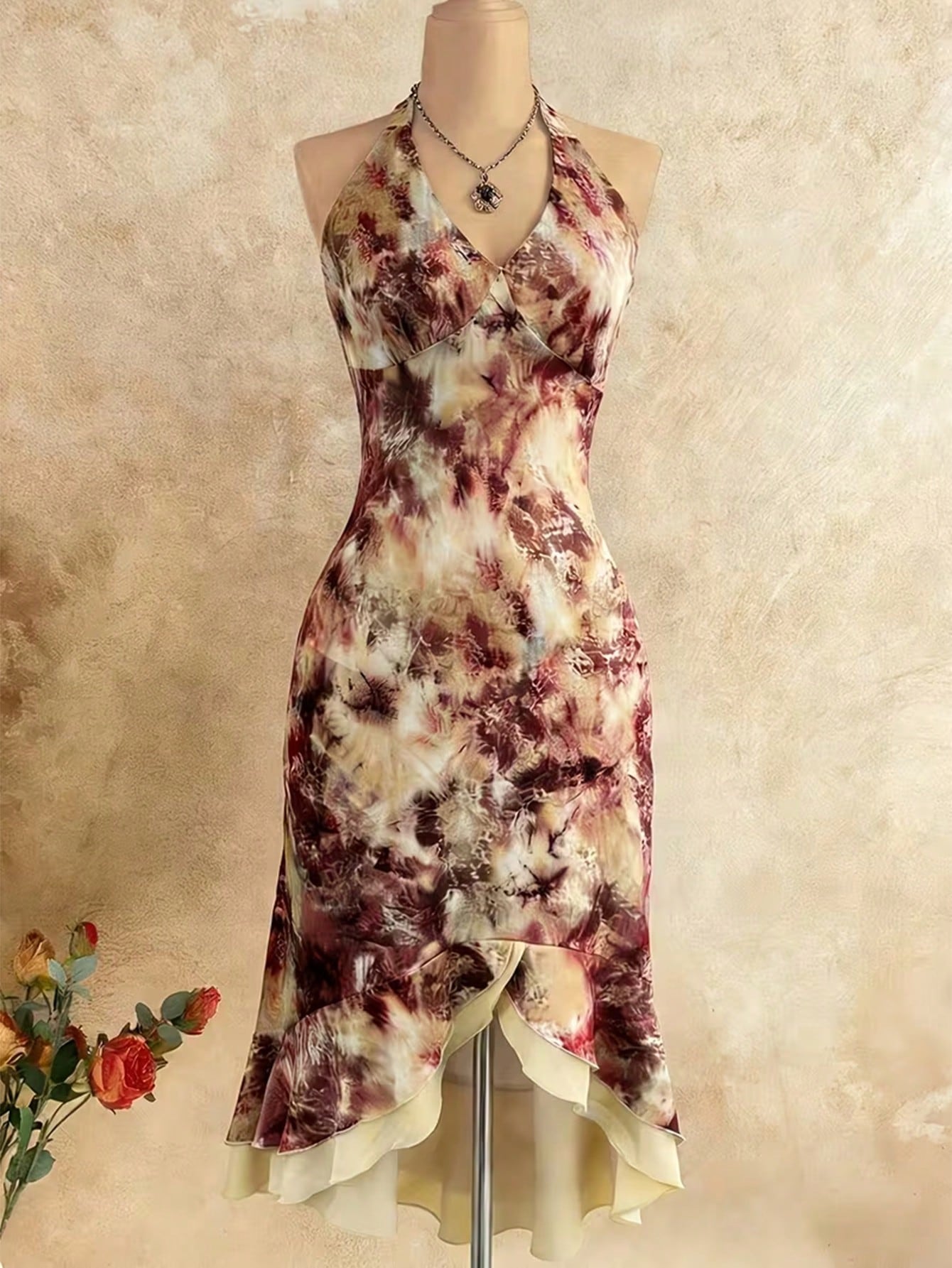 INAWLY Women's Floral Print Ruffle Hem Halter Neck Dress