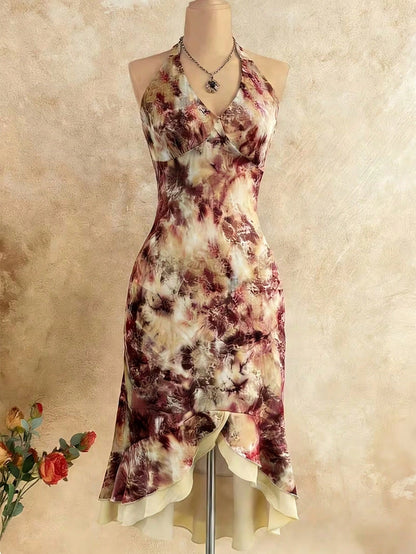 INAWLY Women's Floral Print Ruffle Hem Halter Neck Dress