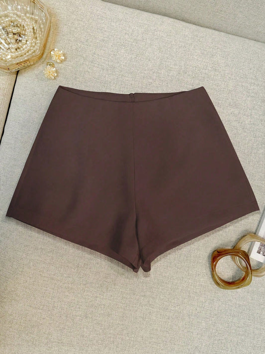 INAWLY Women's Solid Color Back Zipper Design Casual Versatile Shorts