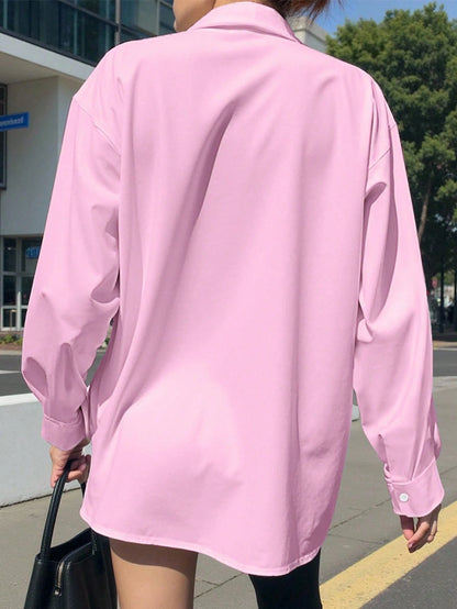 INAWLY Women's Solid Color Drop Shoulder Casual Front Button Loose Fit Long Sleeve Shirt