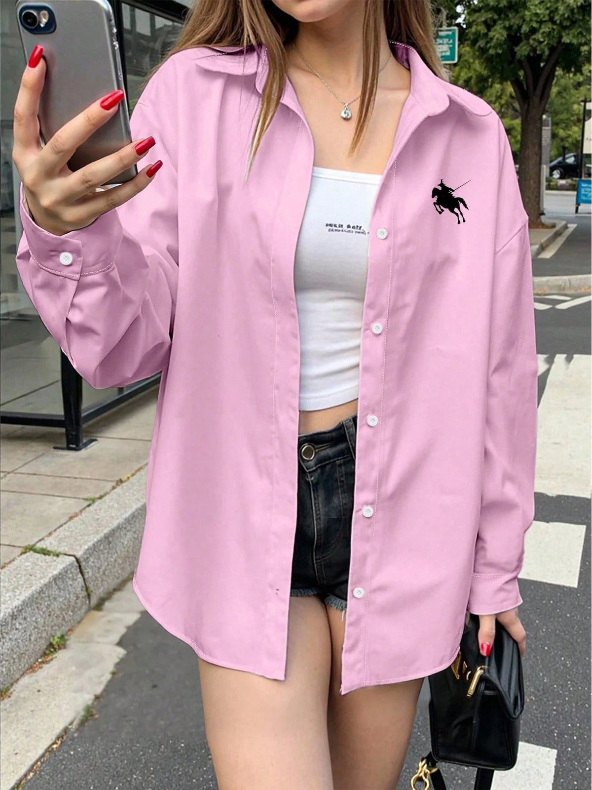 INAWLY Women's Solid Color Drop Shoulder Casual Front Button Loose Fit Long Sleeve Shirt