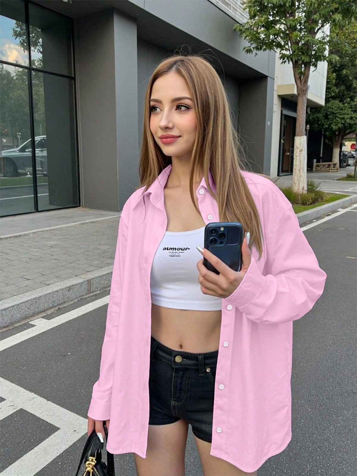 INAWLY Women's Solid Color Drop Shoulder Casual Front Button Loose Fit Long Sleeve Shirt