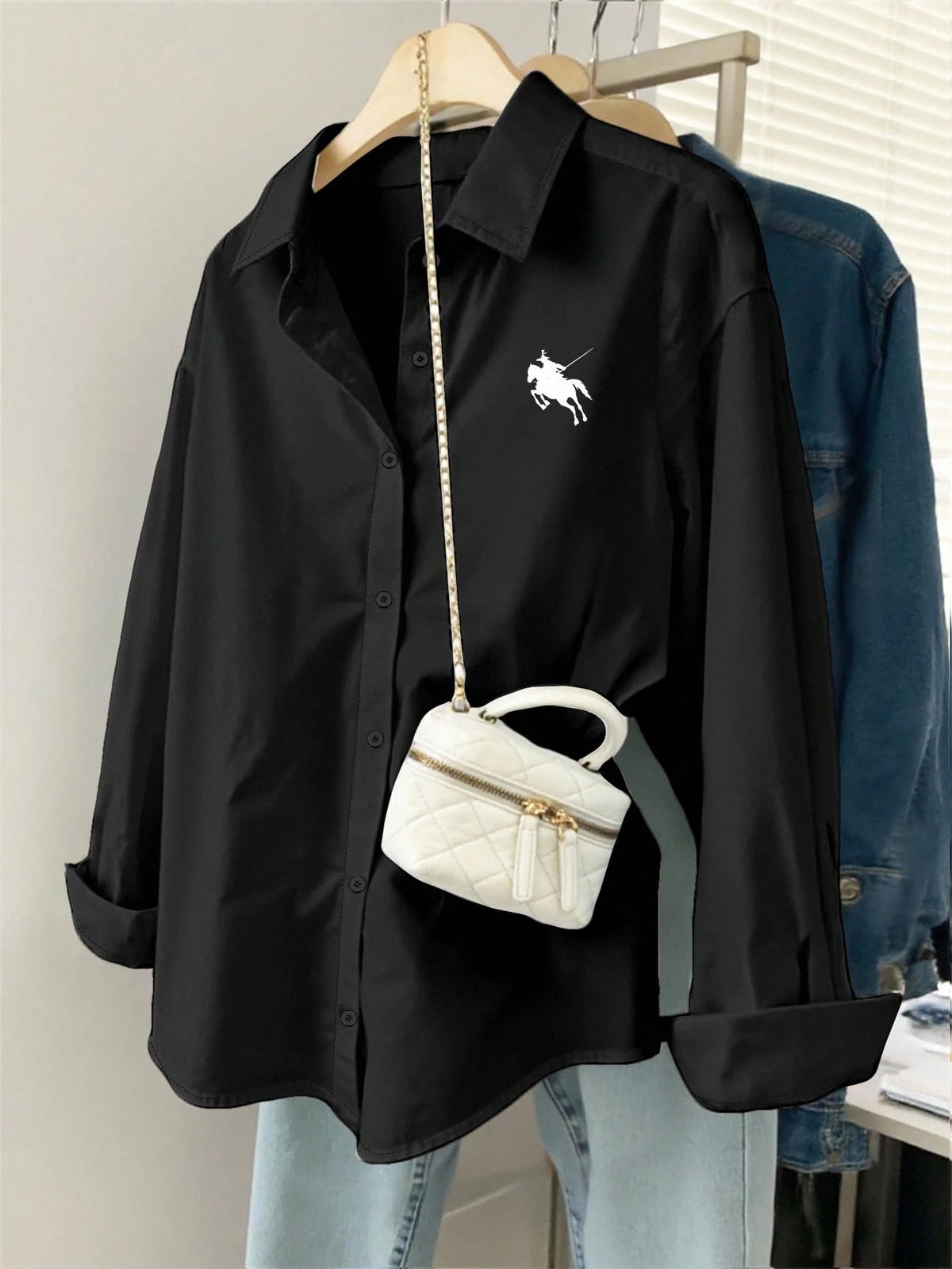 INAWLY Women's Solid Color Drop Shoulder Casual Front Button Loose Fit Long Sleeve Shirt