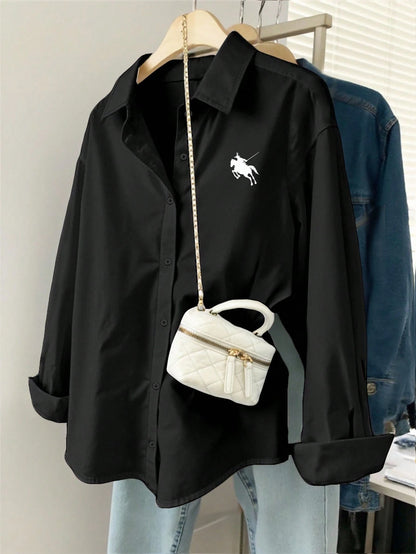 INAWLY Women's Solid Color Drop Shoulder Casual Front Button Loose Fit Long Sleeve Shirt