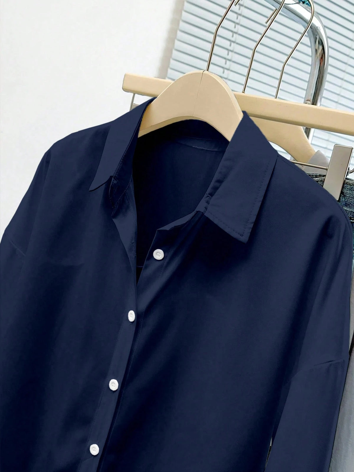 INAWLY Women's Solid Color Drop Shoulder Long Sleeve Single-Breasted Casual Shirt