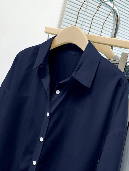 INAWLY Women's Solid Color Drop Shoulder Long Sleeve Single-Breasted Casual Shirt