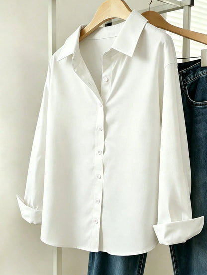 INAWLY Women's Solid Color Drop Shoulder Long Sleeve Single-Breasted Casual Shirt