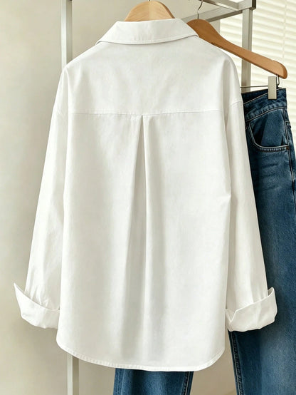 INAWLY Women's Solid Color Drop Shoulder Long Sleeve Single-Breasted Casual Shirt