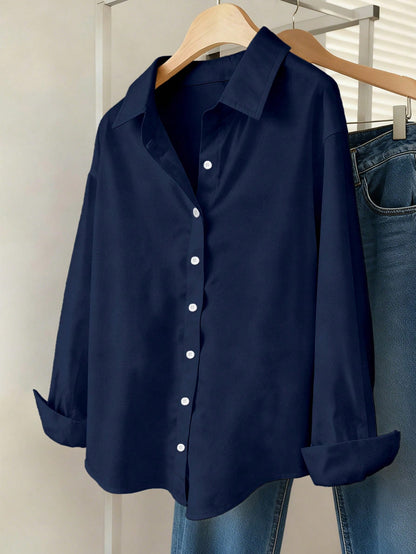 INAWLY Women's Solid Color Drop Shoulder Long Sleeve Single-Breasted Casual Shirt