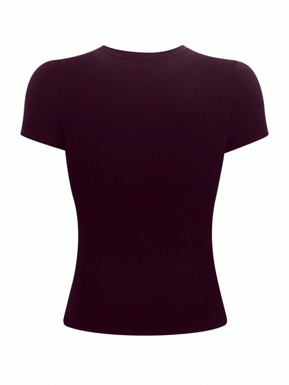 INAWLY Women's Solid Color Fitted Crew Neck T-Shirt, Deep Purple