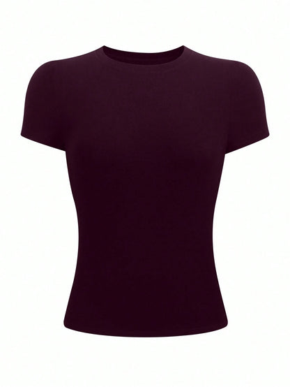INAWLY Women's Solid Color Fitted Crew Neck T-Shirt, Deep Purple