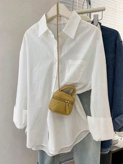 INAWLY Women's Solid Color Front Button Long Sleeve Pocket Casual Shirt Fall Cloth For Women