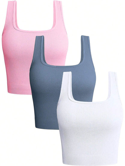 INAWLY Women's Solid Color Ribbed Knit Cropped Tank Top