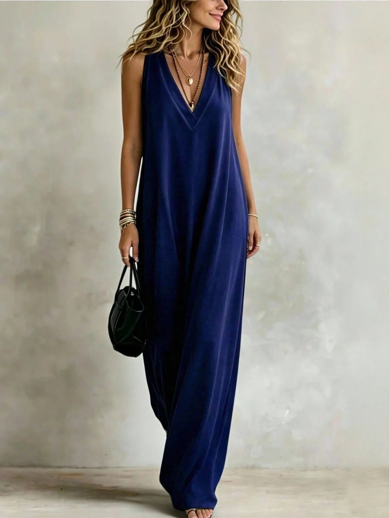 INAWLY Women's Solid Color V-Neck Loose Casual Everyday Versatile Spaghetti Strap Dress