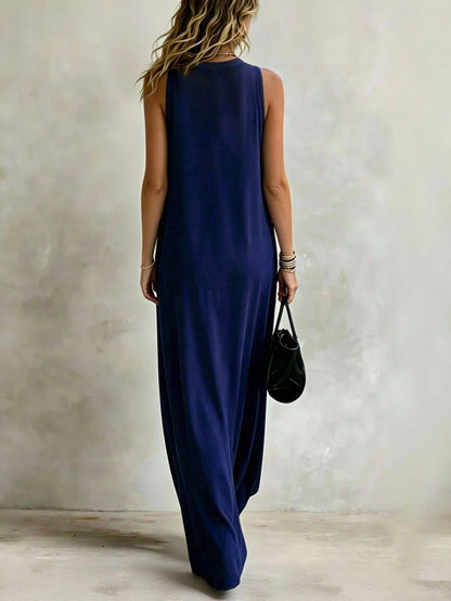 INAWLY Women's Solid Color V-Neck Loose Casual Everyday Versatile Spaghetti Strap Dress