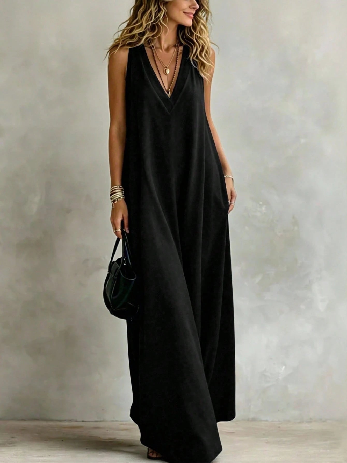 INAWLY Women's Solid Color V-Neck Loose Casual Everyday Versatile Spaghetti Strap Dress