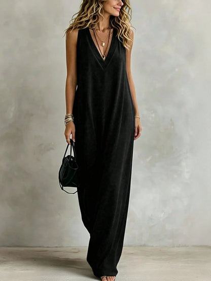 INAWLY Women's Solid Color V-Neck Loose Casual Everyday Versatile Spaghetti Strap Dress