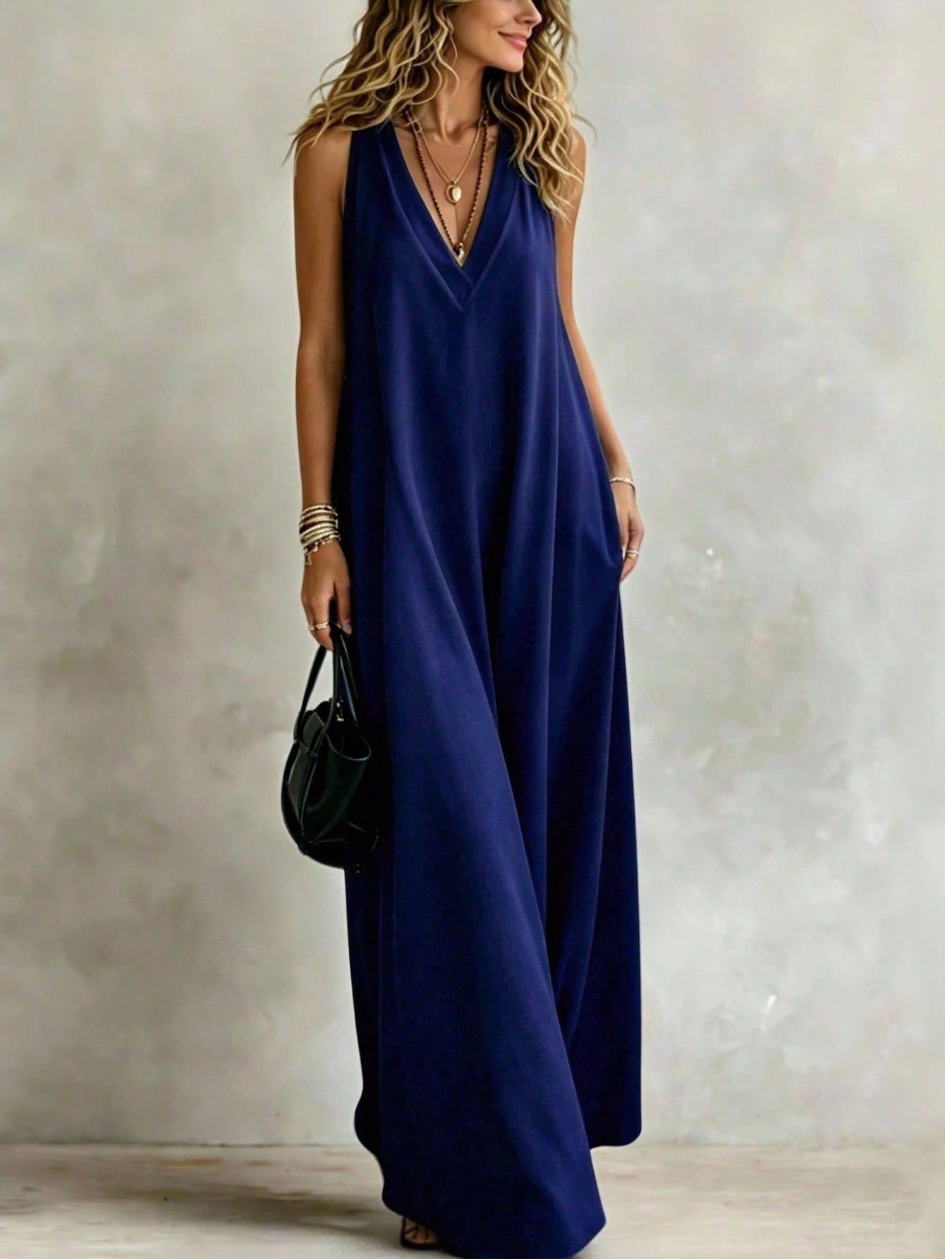 INAWLY Women's Solid Color V-Neck Loose Casual Everyday Versatile Spaghetti Strap Dress