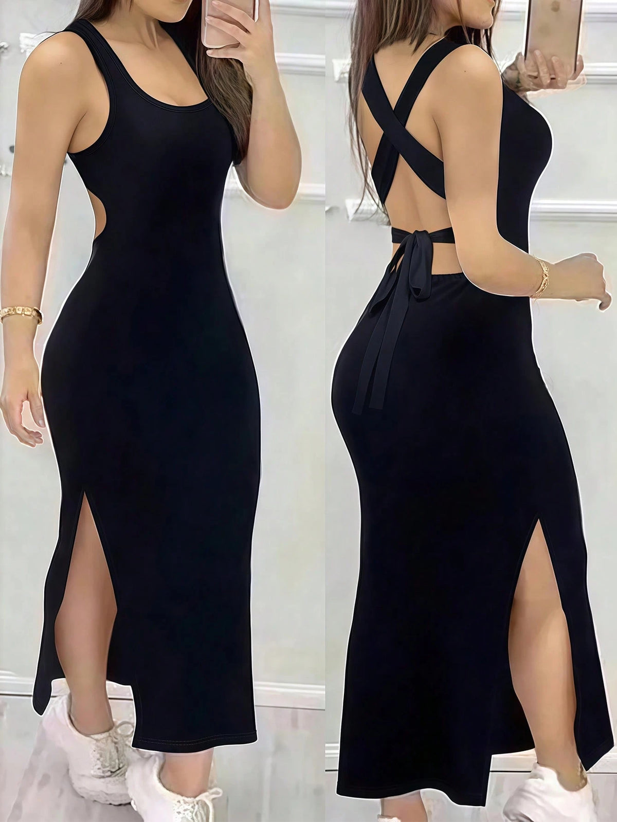 INAWLY Women's Summer Sexy Minimalist Solid Color Criss-Cross Back Knot High Slit Hem Fitted Long Dress