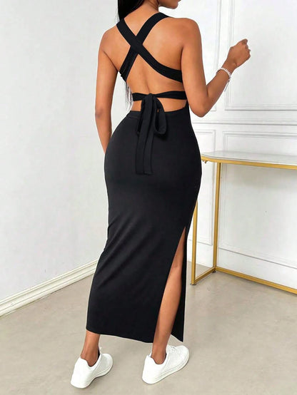 INAWLY Women's Summer Sexy Minimalist Solid Color Criss-Cross Back Knot High Slit Hem Fitted Long Dress