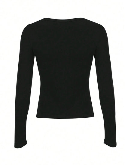 INAWLY Women Spring Autumn Casual Solid Color Black Long Sleeve T-Shirt Fall Cloth For Women