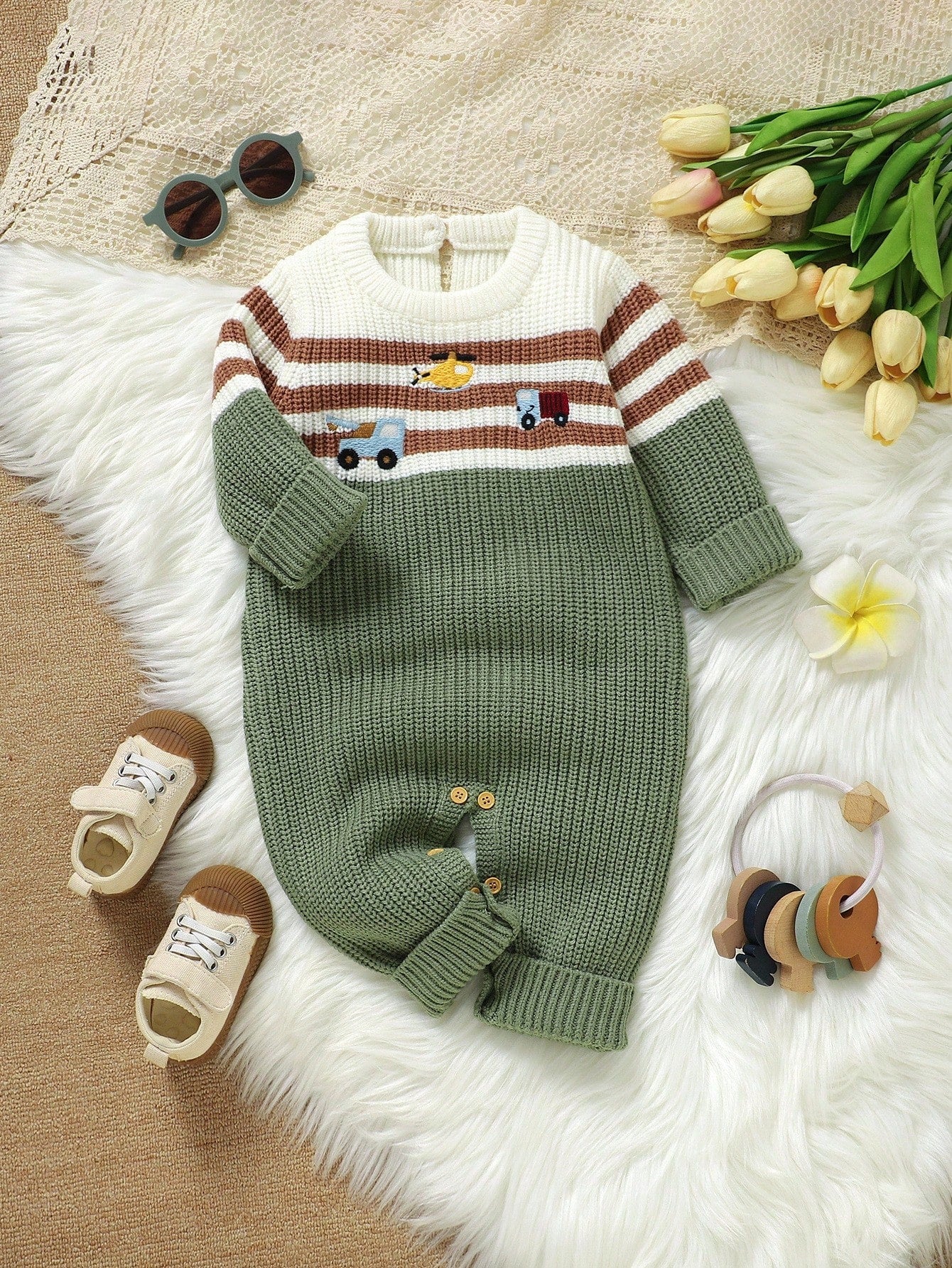 Infant Car Embroidered Romper,Striped Patchwork Baby Boy Cute Long Sleeve Knitted Jumpsuit,Newborn Sweater Overalls Green Autumn Family Matching
