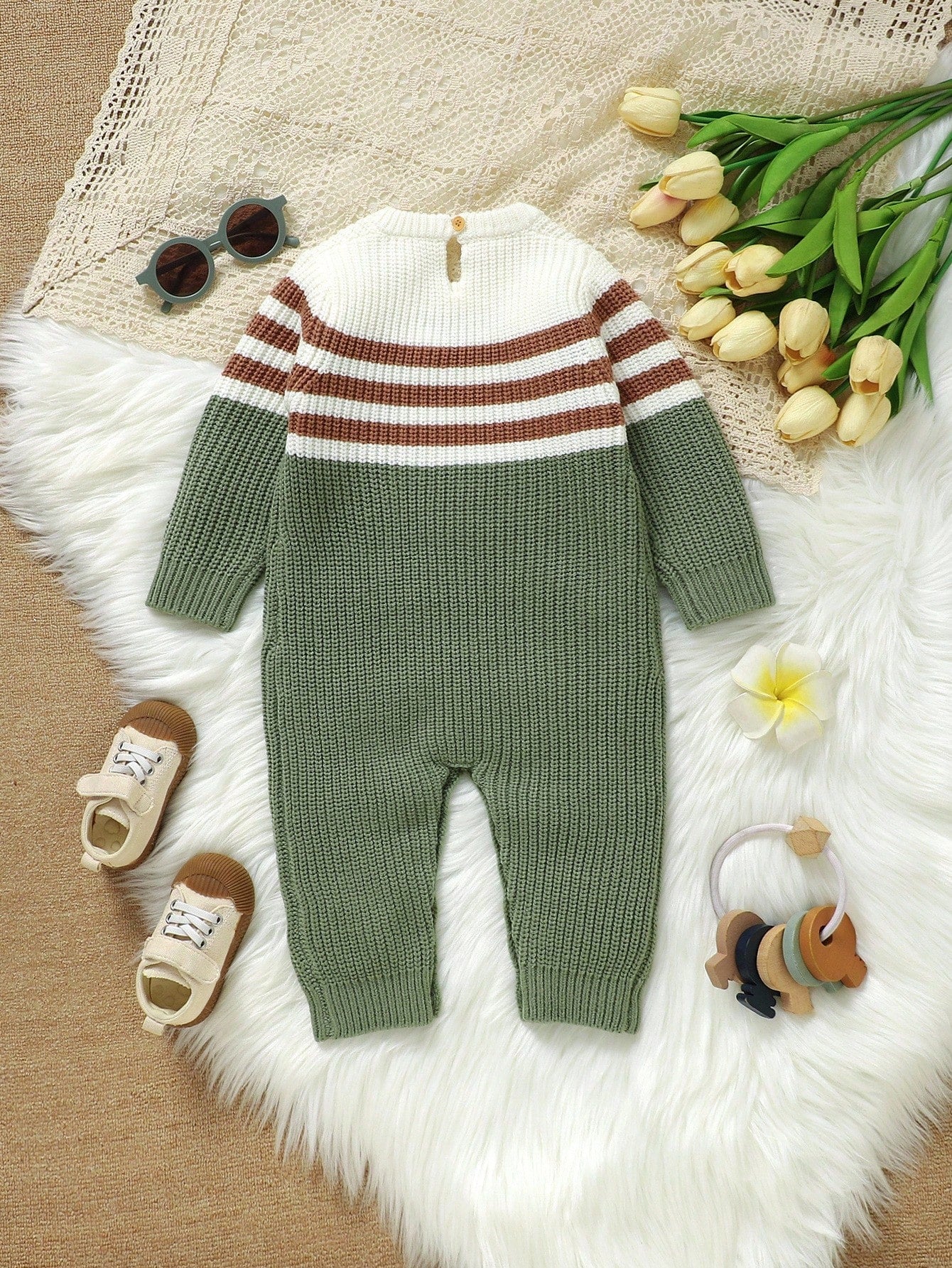 Infant Car Embroidered Romper,Striped Patchwork Baby Boy Cute Long Sleeve Knitted Jumpsuit,Newborn Sweater Overalls Green Autumn Family Matching
