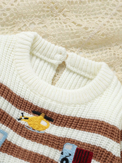 Infant Car Embroidered Romper,Striped Patchwork Baby Boy Cute Long Sleeve Knitted Jumpsuit,Newborn Sweater Overalls Green Autumn Family Matching