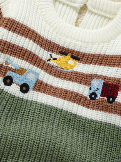Infant Car Embroidered Romper,Striped Patchwork Baby Boy Cute Long Sleeve Knitted Jumpsuit,Newborn Sweater Overalls Green Autumn Family Matching