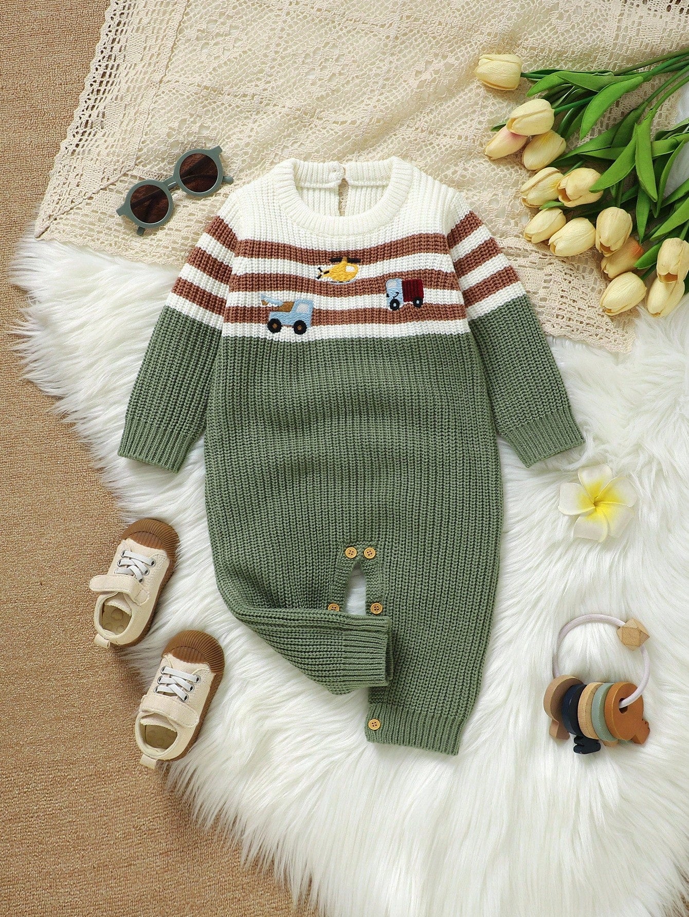 Infant Car Embroidered Romper,Striped Patchwork Baby Boy Cute Long Sleeve Knitted Jumpsuit,Newborn Sweater Overalls Green Autumn Family Matching