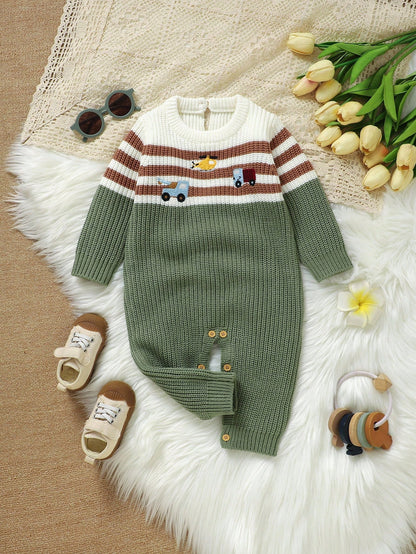 Infant Car Embroidered Romper,Striped Patchwork Baby Boy Cute Long Sleeve Knitted Jumpsuit,Newborn Sweater Overalls Green Autumn Family Matching