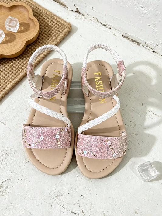 Infant & Toddler Girls' Shiny Solid Color Sequin Sandals, Round Toe Open Toe Elastic Band Slip-On Kids Shoes, Luxury Cute Fresh Style, Suitable For Boys & Girls, Home, Outdoor, School, Party, Vacation
