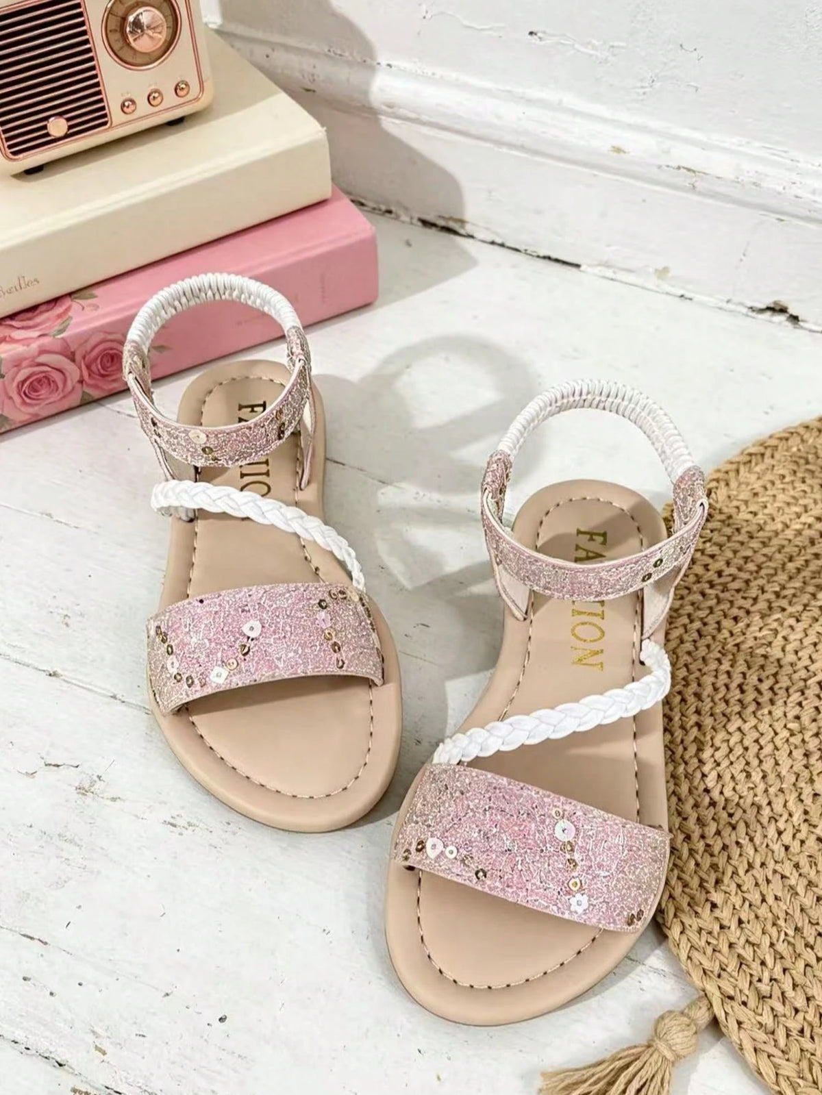 Infant & Toddler Girls' Shiny Solid Color Sequin Sandals, Round Toe Open Toe Elastic Band Slip-On Kids Shoes, Luxury Cute Fresh Style, Suitable For Boys & Girls, Home, Outdoor, School, Party, Vacation