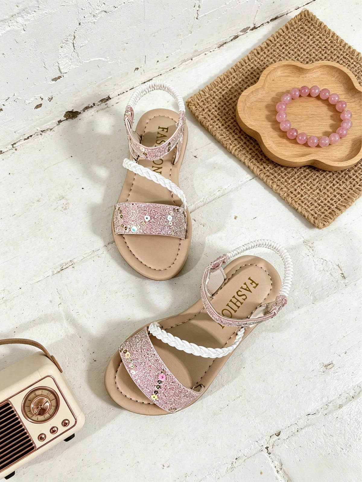 Infant & Toddler Girls' Shiny Solid Color Sequin Sandals, Round Toe Open Toe Elastic Band Slip-On Kids Shoes, Luxury Cute Fresh Style, Suitable For Boys & Girls, Home, Outdoor, School, Party, Vacation