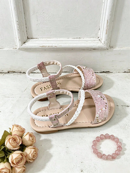 Infant & Toddler Girls' Shiny Solid Color Sequin Sandals, Round Toe Open Toe Elastic Band Slip-On Kids Shoes, Luxury Cute Fresh Style, Suitable For Boys & Girls, Home, Outdoor, School, Party, Vacation