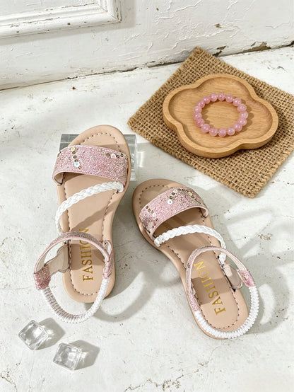 Infant & Toddler Girls' Shiny Solid Color Sequin Sandals, Round Toe Open Toe Elastic Band Slip-On Kids Shoes, Luxury Cute Fresh Style, Suitable For Boys & Girls, Home, Outdoor, School, Party, Vacation