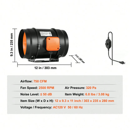 Inline Duct Fan, 8-Inch 750 CFM With Variable Speed Controller, Quiet AC-Motor Ventilation Exhaust Fan For Cooling Booster, Grow Tents, Hydroponics