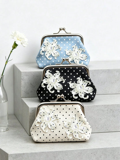 Iris Flower Decorative Coin Purse, Polka Dot Earphone Storage Bag, Metal Kiss Lock Digital Pouch, 3D Flower Small Handbag, Eye-Catching Floral Decoration, Vintage Polka Dot Elements, Suitable For Stor
