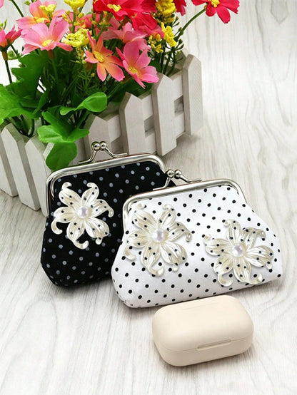 Iris Flower Decorative Coin Purse, Polka Dot Earphone Storage Bag, Metal Kiss Lock Digital Pouch, 3D Flower Small Handbag, Eye-Catching Floral Decoration, Vintage Polka Dot Elements, Suitable For Stor