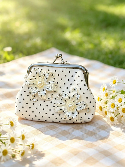 Iris Flower Decorative Coin Purse, Polka Dot Earphone Storage Bag, Metal Kiss Lock Digital Pouch, 3D Flower Small Handbag, Eye-Catching Floral Decoration, Vintage Polka Dot Elements, Suitable For Stor