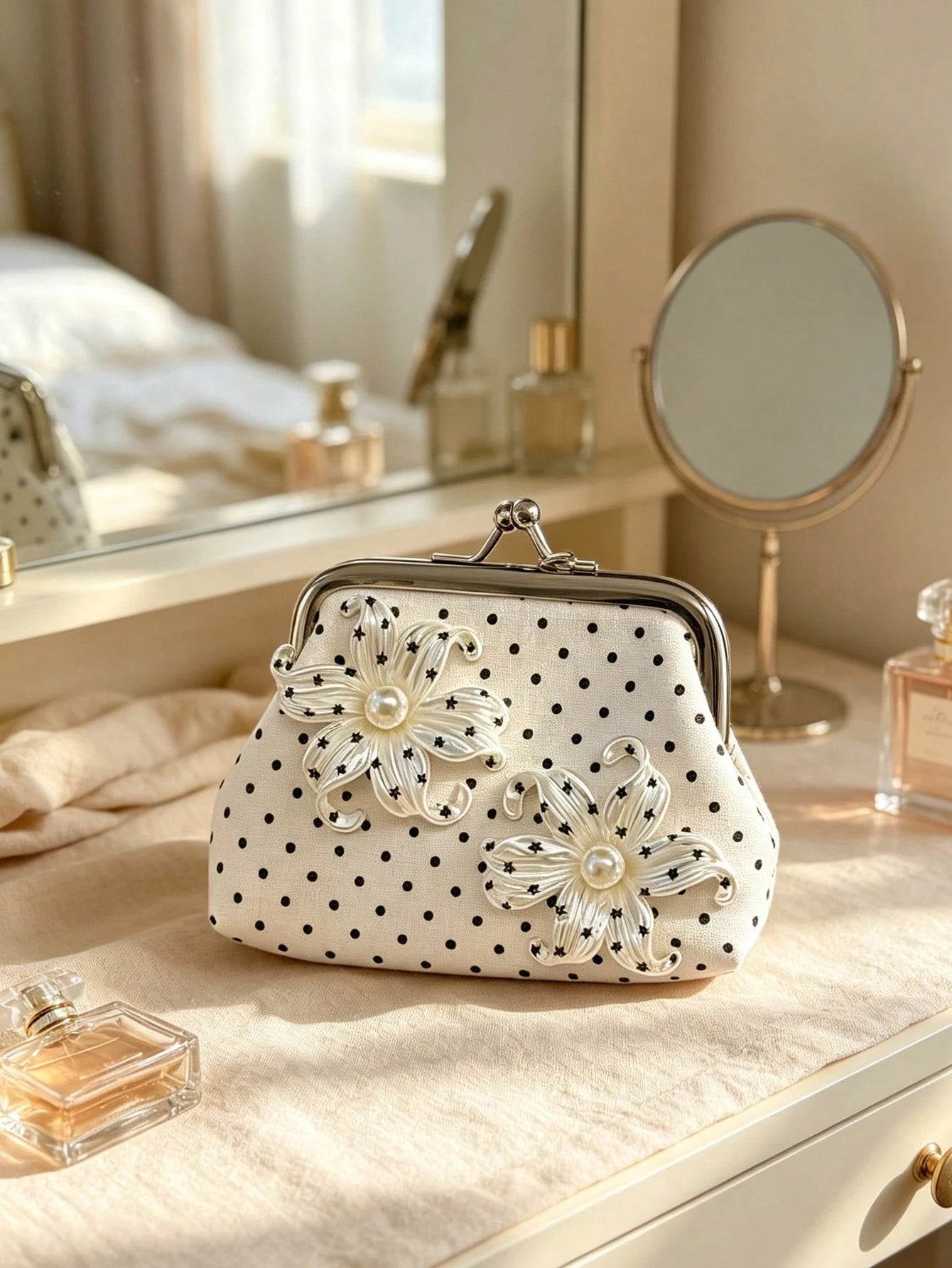 Iris Flower Decorative Coin Purse, Polka Dot Earphone Storage Bag, Metal Kiss Lock Digital Pouch, 3D Flower Small Handbag, Eye-Catching Floral Decoration, Vintage Polka Dot Elements, Suitable For Stor