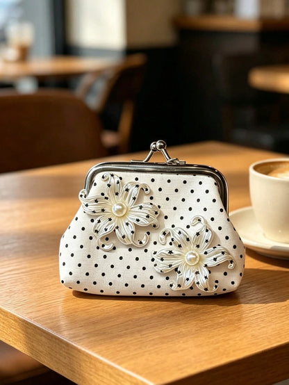 Iris Flower Decorative Coin Purse, Polka Dot Earphone Storage Bag, Metal Kiss Lock Digital Pouch, 3D Flower Small Handbag, Eye-Catching Floral Decoration, Vintage Polka Dot Elements, Suitable For Stor