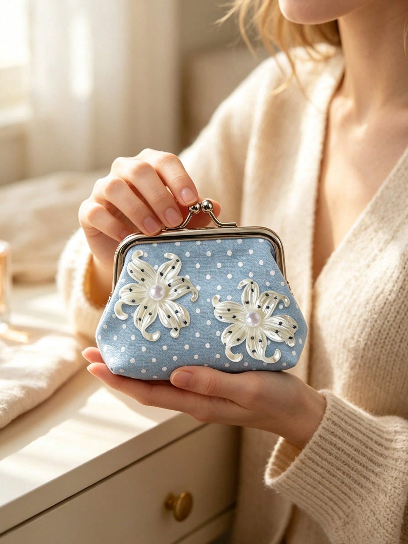 Iris Flower Decorative Coin Purse, Polka Dot Earphone Storage Bag, Metal Kiss Lock Digital Pouch, 3D Flower Small Handbag, Eye-Catching Floral Decoration, Vintage Polka Dot Elements, Suitable For Stor