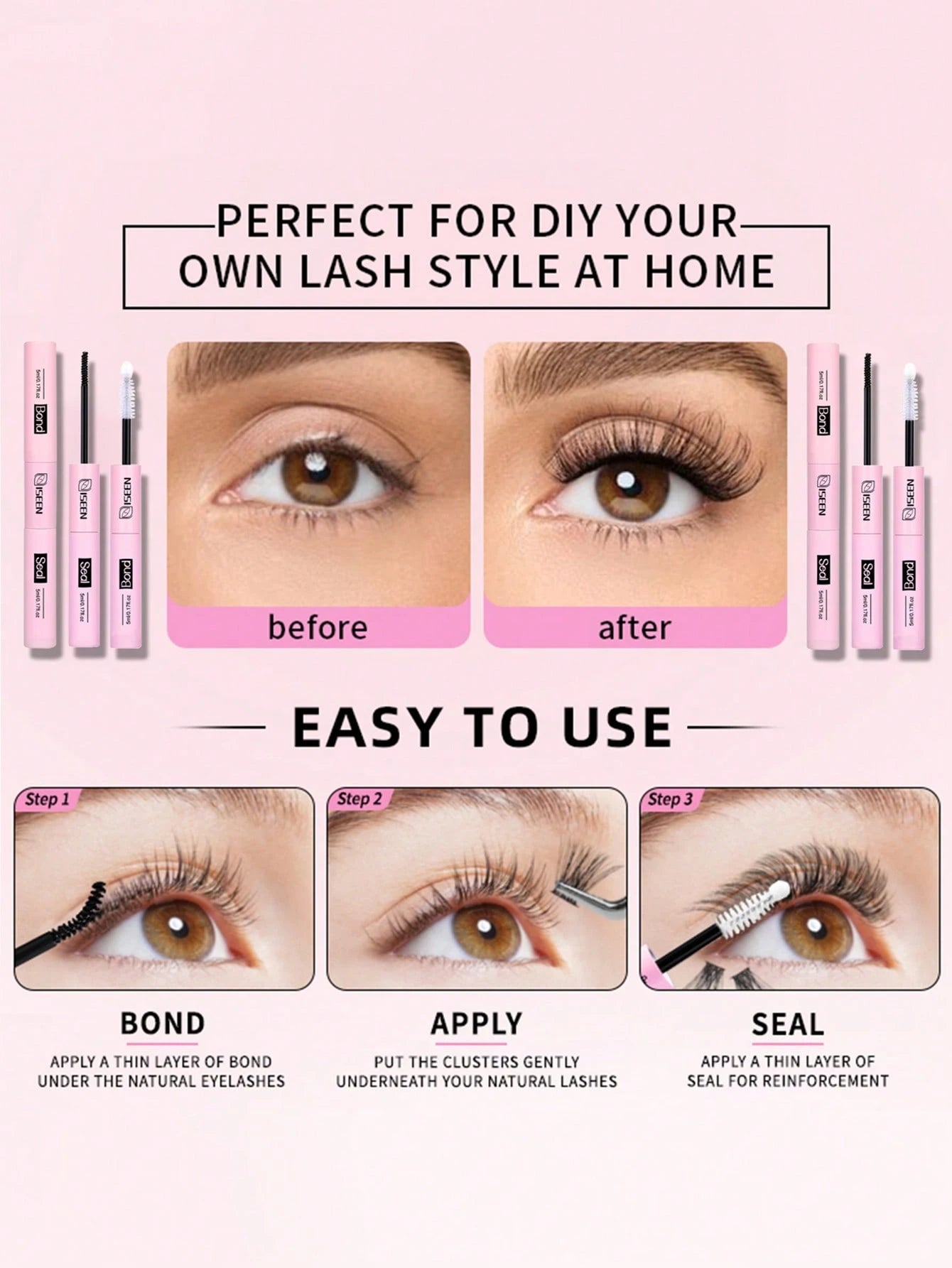 ISEEN 3pcs/2pcs/1pc Eyelash Glue And Sealant, 5ml Glue, 5ml Sealant, Strong Eyelash Adhesive, 2-In-1 Eyelash Glue And Sealant, Long-Lasting Eyelash Glue, All-Day Wear, 2-In-1 Eyelash Glue And Sealant