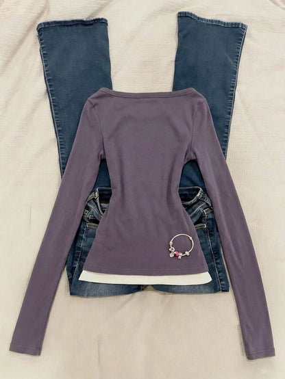 IslaSuriya 1pc Women's Slim Fit Long Sleeve 2 In 1 T-Shirt