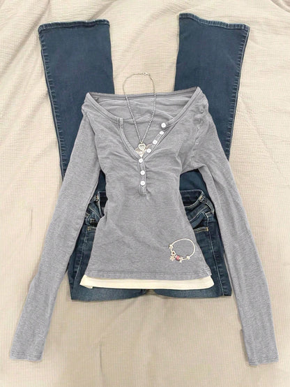 IslaSuriya 1pc Women's Slim Fit Long Sleeve 2 In 1 T-Shirt
