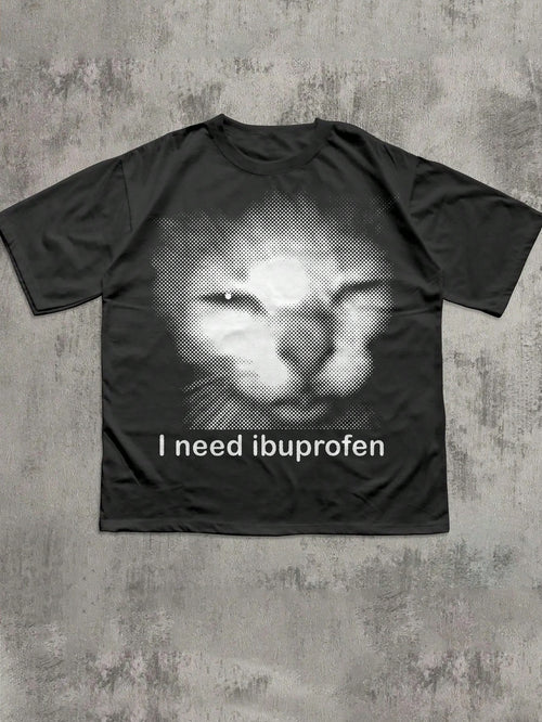IslaSuriya Funny Ibuprofen Print Black Top,Oversized Cotton T-Shirt For Summer,Casual Streetwear,Halftone Graphic Tee,Y2K Humor,Black And White Style,City Break